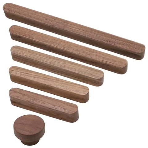 Kickin Style With These Super Snug Modern Walnut Drawer Pulls 10 Pack Real Deal Solid Wood Cabinet Grips Durable Unique Grain Kitchen Handles set of six sizes with smooth finish.
