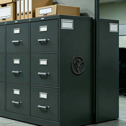 Smooth Tri Spoke Compact Shelving Handwheel In Stylish Black Plastic Crank Handle For Effortless Manual Drive And Easy Archive Rack Storage Access Without Strain on filing cabinet