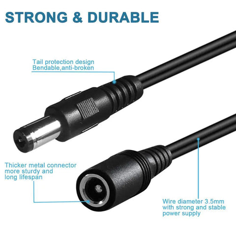 Close-up of Long 13Ft DC Power Extension Cable 5.5mm x 2.1mm 12V Extension Cord with strong metal connectors.
