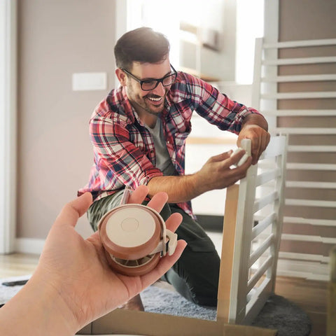 Person using flexible furniture installation with Flex Ride Caster Wheels With Secure Safety Brakes Whisper Soft Swivel Rubber.