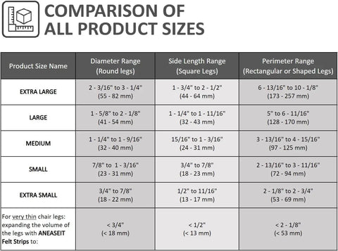 Comparison chart of chair leg sizes for clear chair leg floor protectors, covering extra large to extra small round, square, and shaped legs.