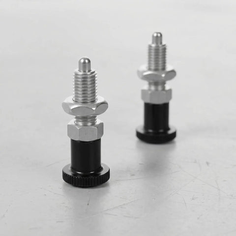 Pair Of M6 Stainless Steel Indexing Plungers With Four Millimeter Pins For Dead Center Fixture Alignment And Pro Grade Spring Loaded Positioning That Keeps Things Locked Right Up on a gray surface.