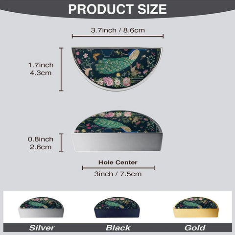 2 Pack Peacock Floral Art Cabinet Handles With Customizable Panels, 3 Inch Hole Center Semicircle Brushed Nickel Drawer Pulls