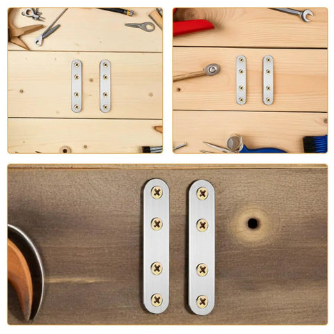 Flat Mending Plates 18 Pack Stainless Steel Brackets on a wooden surface with tools for easy install and repair projects.