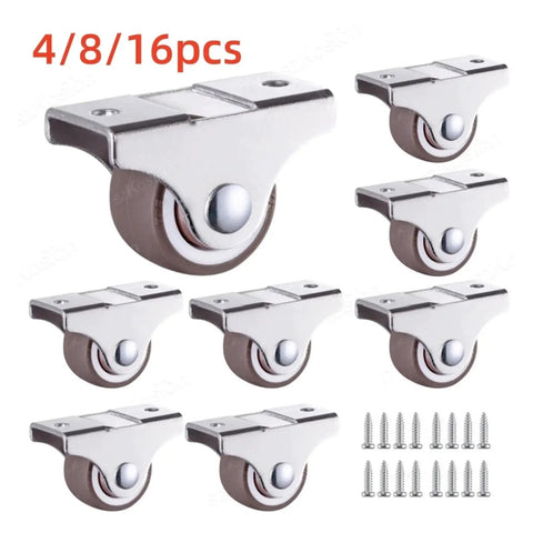 1 Inch Fixed Caster Wheels Silent Tpr Rubber Rollers Non Swivel Plate Casters For Furniture And Cabinets Glides Smooth As Silk Straight Shooter Roller Motion Quiet Indoor Use 8 Piece Set, chrome finish with rubber wheels.