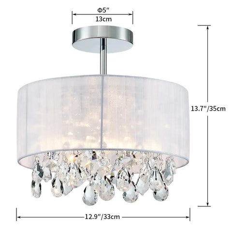Dope Modern Crystal Chandelier Ceiling Light Fixture With White Fabric Shade And Chrome Finish, 13 Inch Diameter By 14 Inch Tall, E26 Socket, Living Room Lighting, Drum Style Ambient Lighting featuring chrome mount and raindrop crystals.