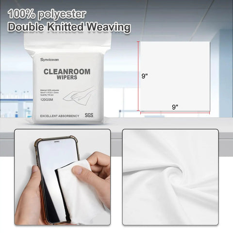 Top Shelf Polyester Microfiber Cleanroom Wipes 9X9 Inches 120 Gsm Class 100 Dead Soft Lint Free Reusable Washable Laser Sealed Straight Up Precision Grade For Lab Tech Surfaces Bag Of 150 with a person cleaning a smartphone
