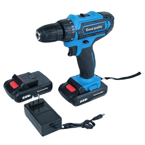 The 21V Cordless Power Drill Kit Is A Solid Heavy Lifter Featuring Brushless Motor 2 Speed Settings For Hassle Free Metal And Concrete Jobs Powered By A Rechargeable Battery That Handles Everything - blue cordless drill with battery and charger.