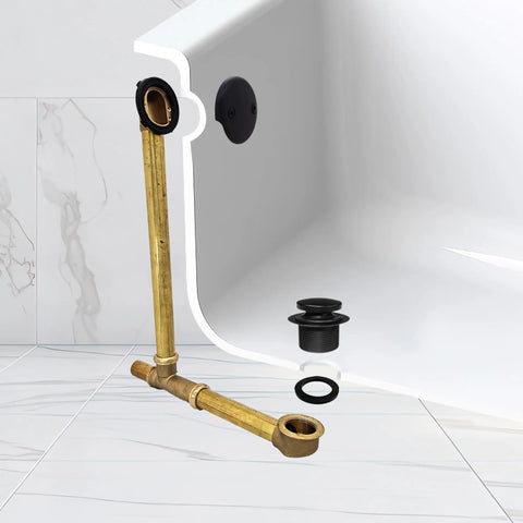 No Fuss Above Floor Bathtub Overflow Drain Kit With Tip Toe Drain Valve and Two Hole Cover Matte Black installed view with brass pipes.