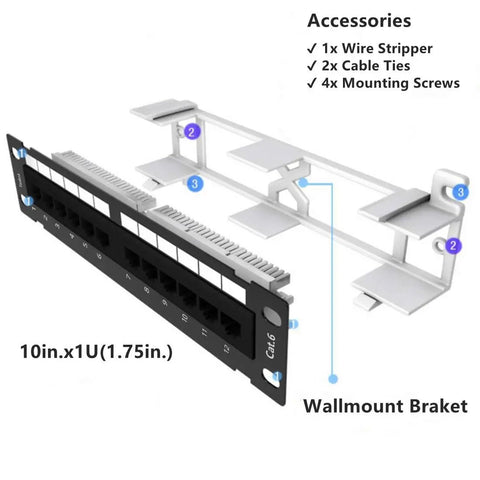 Cat6 12 Port Unshielded Patch Panel With Rack And Wall Mount Brackets For Solid Gigabit Speed Includes Mini Punch Down Tool and accessories.