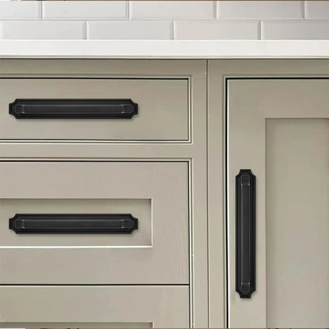 Matte Black Cabinet Pulls With Backplate 5 Pack 3 Inch Hole Centers 4 Inch Overall Length on kitchen cabinets and drawers