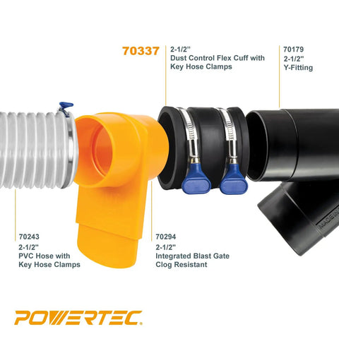 Two And A Half Inch Dust Control Flex Cuff With Adjustable Key Hose Clamps Rubber Cuff Connector for woodworking systems.