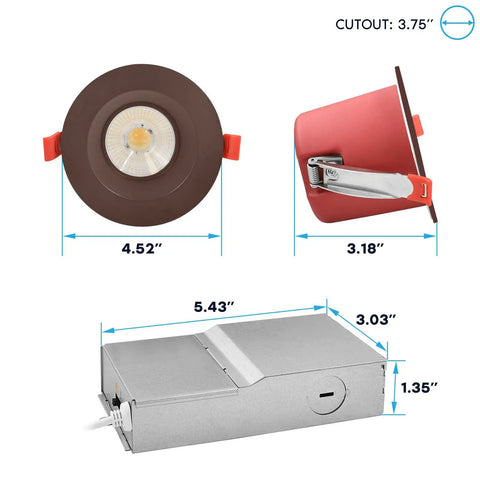 Heavy Duty 4 Inch Led Recessed Lights 12 Pack Adjustable Cct Dimmable 5000K showing size details and integrated junction box.
