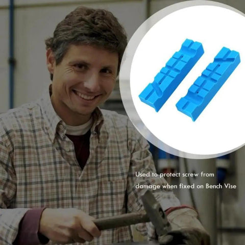 Magnetic Bench Vise Jaw Pads 2 Pack With Multi Groove Grips Vise Holder Protectors in blue plastic displayed near person