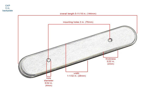 Diagram of Three Inch Oval Backplate In Brushed Nickel Dope Finish Pack Of Twenty Five For Cabinets Or Doors With Three Mounting Holes And A Slim One Eighth Inch Projection Upgrade Your Space showing dimensions and mounting holes.