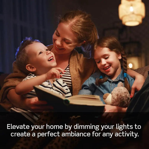 Family enjoying cozy evening lighting with Smart Dimmer Switch, 2nd Gen WiFi With Matter, Neutral Wire Required.