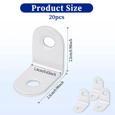 Heavy Duty White Metal L Brackets 20 Pack Rock Solid Corner Mounts With All Fasteners Nuts And Bolts Included Perfect For Shelves And Cabinets showcasing product size and dimensions.