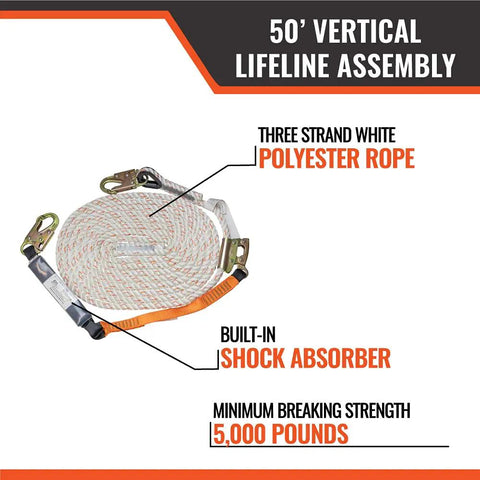 50 Foot Vertical Lifeline Assembly For Fall Protection Lanyard And Rope Grab System With Shock Absorber, coiled polyester rope