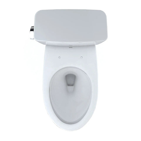 Top Shelf Two Piece Elongated Toilet Featuring Universal Height And 1.6 GPF Tornado Flush System For Hassle Free Grime Control And Reliable Everyday Bathroom Comfort In Crisp White, top view.