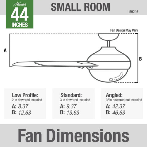 Diagram showing dimensions of 44 Inch Indoor Ceiling Fan With LED Light And Remote, White Modern Ceiling Fan, Standard Mount