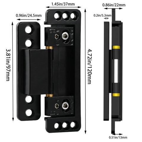 Ultra Thin Hidden Door Hinges 2 Pack Next Level Adjustable Concealed Butt Hinges For Secret Doors 110 Lb Load Bearing Beefy Heavy Duty Black Zinc Alloy Hinges With Two Way Adjustment Easy Shallow Groove Install Door Friendly, shown in detailed measurement view.