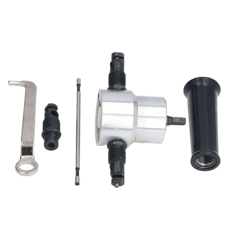Heavy Duty Pro Grade Double Head Sheet Metal Nibbler Drill Attachment Kit with accessories for cutting metal plates.
