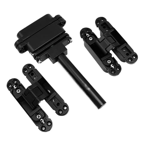 Adjustable Hidden Door Hinge 180 Degree Concealed Zinc Alloy Build Tough Heavy Workhorse With Smooth Gliding Action Perfect For Thin Doors Up To 1400Mm Zero Visible Install And Top Tier 60Kg Load Rating showing two black zinc alloy hinges and a central rod.