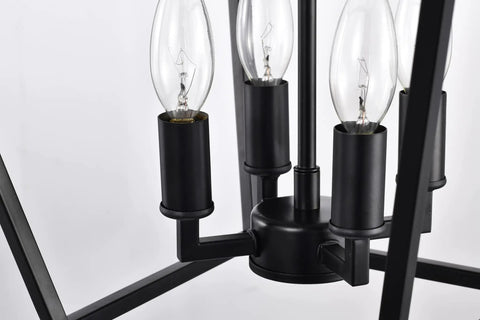 Close-up of bulb holders in Renzo 4 Light Black Lantern Pendant Light Dimmable Adjustable Height Square Cage Hanging Fixture Rustic Chandelier.
