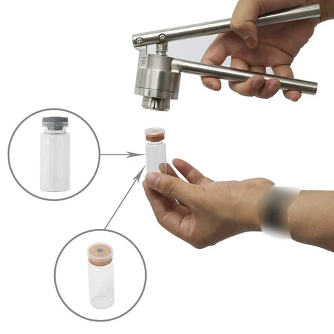 20mm Manual Vial Crimper Holds Flip Off Caps Solid With Zero Hassle Setup Includes Ten 10ml Glass Vials Stoppers And Lids, shown capping a vial.