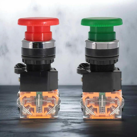 Emergency Push Button Switch With Green And Red Mushroom Head For Home And Industrial Equipment No NC 22mm Spring Return Pack Of 2 Safe E Stop Button For Machinery And Safety red and green 22mm push buttons with transparent base