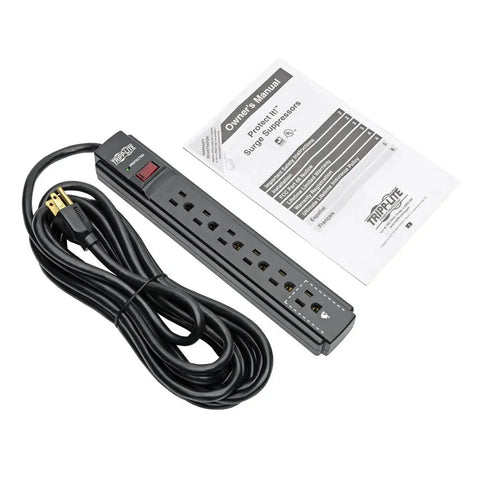 Six Outlet Surge Protector With A 15 Foot Cord And 790 Joules Of Spike Protection For Home Office And Tech Gear next to manual
