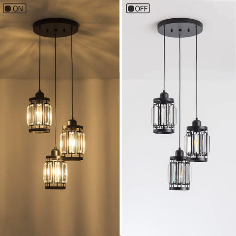 Three Light Farmhouse Pendant Light With Adjustable Ceiling Hanging Fixture And K9 Crystals In Black Finish lit and unlit view