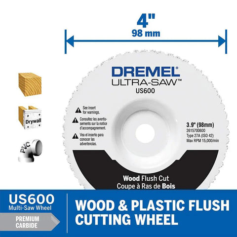 Image of a 4-inch wood and plastic flush cutting wheel for Ultra Saw Corded Compact Saw Tool Kit with specifications and logos visible.