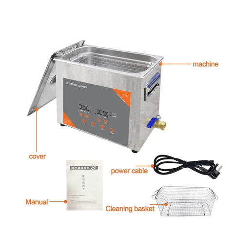 Hualuck 6 Liter Digital Ultrasonic Cleaner With Heat Function Heated Bath Tank with cover, control panel, power cable, and cleaning basket.
