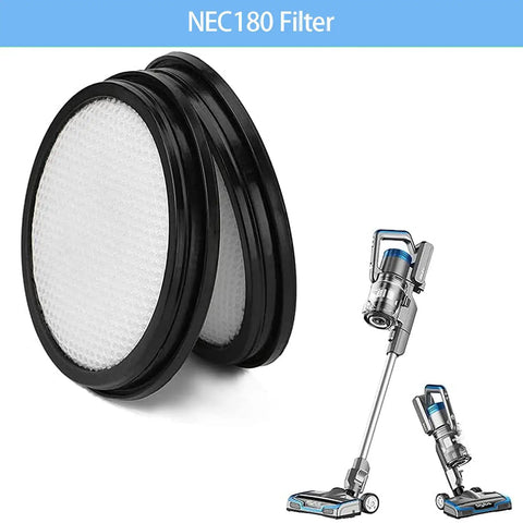 Replacement Filter For Eureka Stick Vacuum NEC180 NEC380 NEC480 NEC185 NEC186 NEC190 Easy Install durable filter shows two round filters and compatible vacuum models.