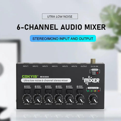Six Channel Mini Audio Mixer For Live Gigs And Home Studios With Ultra Low Noise And Independent Microphone Control One Quarter Inch TRS Input And Output Great For Guitars Bass Sub Mixing And Stage Use showcasing front panel controls and labels.