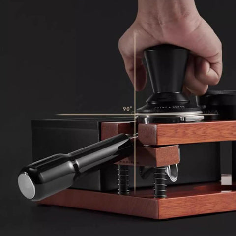 Solid Walnut Coffee Tamping Station And Espresso Knock Box featuring double layer storage, hand tamping espresso portafilter.