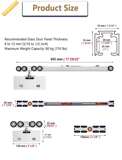 6.4ft Sliding Door Hardware Set With Hydraulic Soft Close System dimensions and components diagram