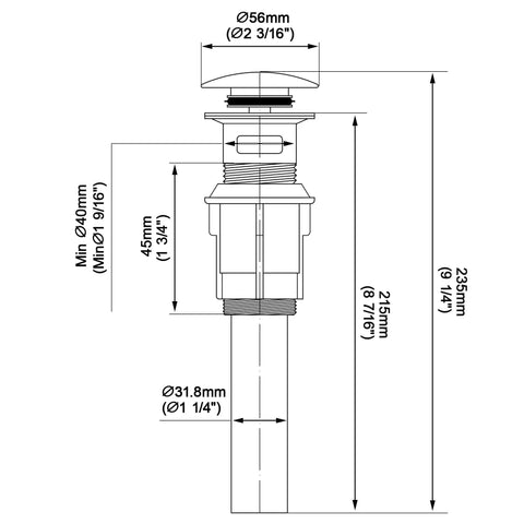 Technical drawing of Heavy Duty Chrome Pop Up Bathroom Sink Drain With Overflow Stopper Boasts Smooth Push Glide Action dimensions