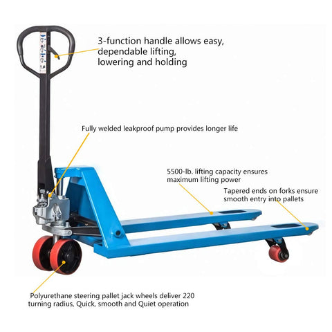 Industrial Manual Pallet Jack Truck Built Like A Badass Workhorse To Move 5500 Pounds Without Breaking A Sweat And Fitted With Durable Polyurethane Steel Wheels For Stress Free Logistics Hauling, showing the 3-function handle and polyurethane wheels.