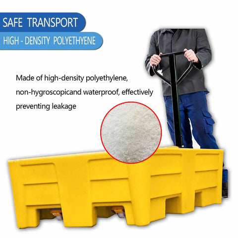 Stackable Spill Containment Pallet With Leakproof Plastic Platform Grating And Drain Tray For Safe Liquid Storage Built To Last, Tough As Nails Polyethylene Build Ideal For Industrial Or Workshop Use 130x130x15 cm being moved with a pallet jack
