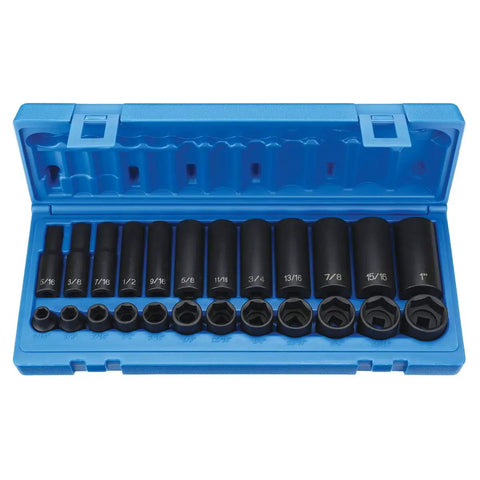 Three-Eighths Inch Drive Deep Socket Set, 24-Piece Fractional Standard Depth in blue case