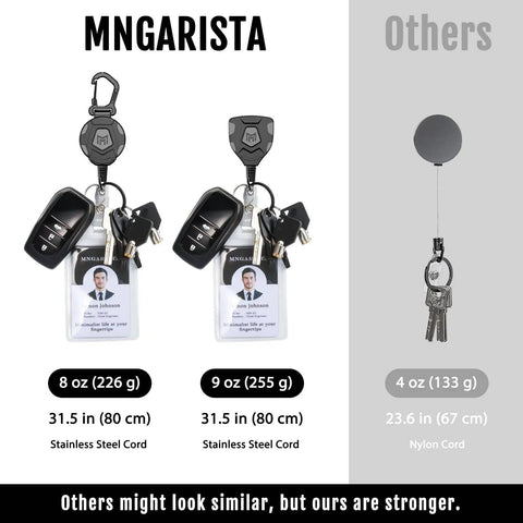 Heavy Duty Retractable Keychain With Belt Clip Or Carabiner, 9 Oz Retraction, 31.5 Inch Steel Cable, Tactical ID Badge Reel shown with keys and ID badges