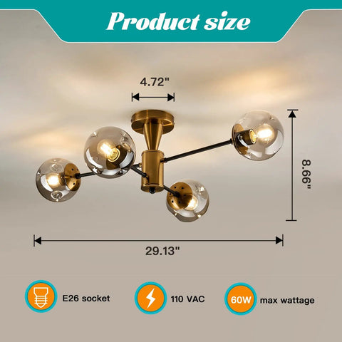 Modern Four Light Gold Glass Globe Ceiling Light Fixture Mid Century Semi Flush Mount with dimensions