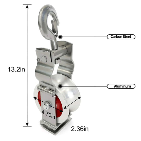 Beefy Heavy Duty Cable Pulley with Dual Mounting Options for Wire Pulling and 1500MCM Cables, showing dimensions and material details