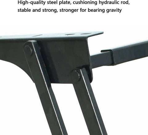 Close-up of Dope Lift Up Coffee Table Hinge With Pneumatic Assist showing steel hinge mechanism with hydraulic rod.