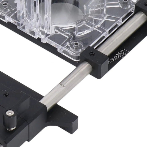 Pro Grade Aluminum Router Fluting Jig With .01mm Precision, 0 To 18mm Adjustment Range, 65mm Length, close-up of metal rod mechanism