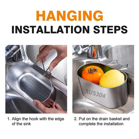 Person installing Super Solid Stainless Steel Hanging Sink Strainer Basket with oranges in sink, showcasing installation steps.