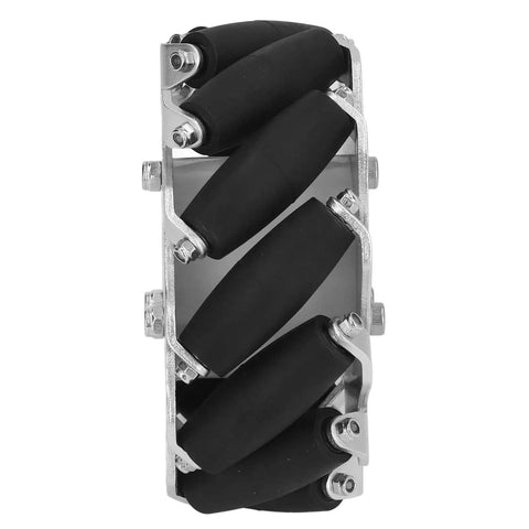 Front view of 127mm Omni Directional Wheel Set For DIY Robot Car With 45KG Load Capacity, 12 Rubber Rollers And Bearings, Aluminum Alloy Kit.