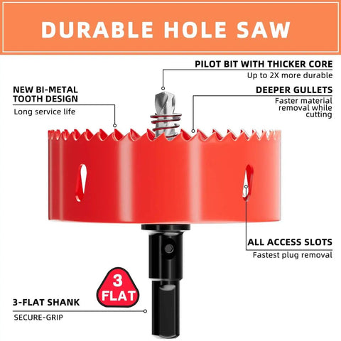Three And Three Quarters Inch Bi Metal Hole Saw Drill Bits Kit With Arbor showing pilot bit and durable tooth design